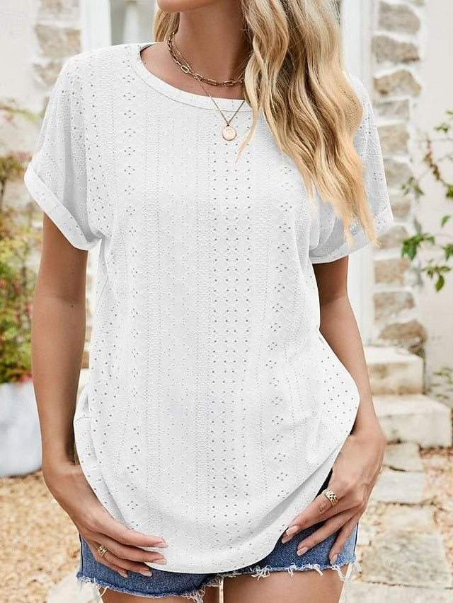 Women's Texture Blouse Eyelet Top Pointelle Tee Tunic