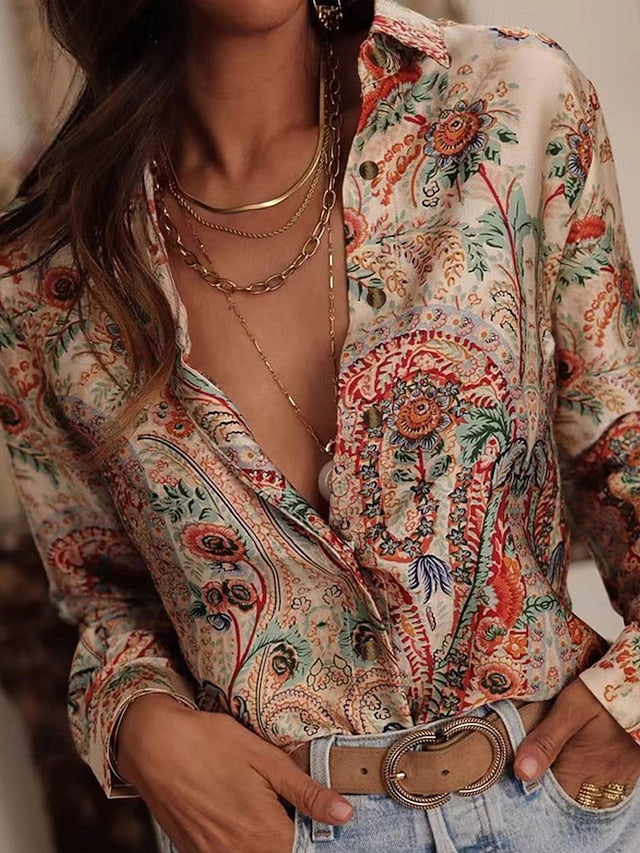 Women's Shirt Pocket Buttons Print Floral Bohemia Stylish