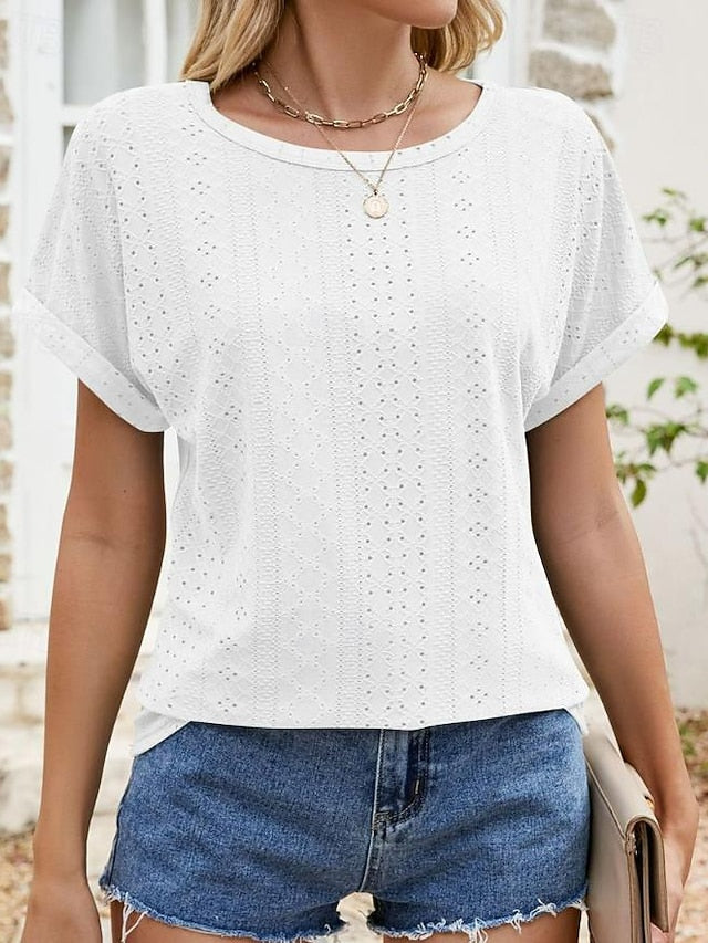 Women's Texture Blouse Eyelet Top Pointelle Tee Tunic