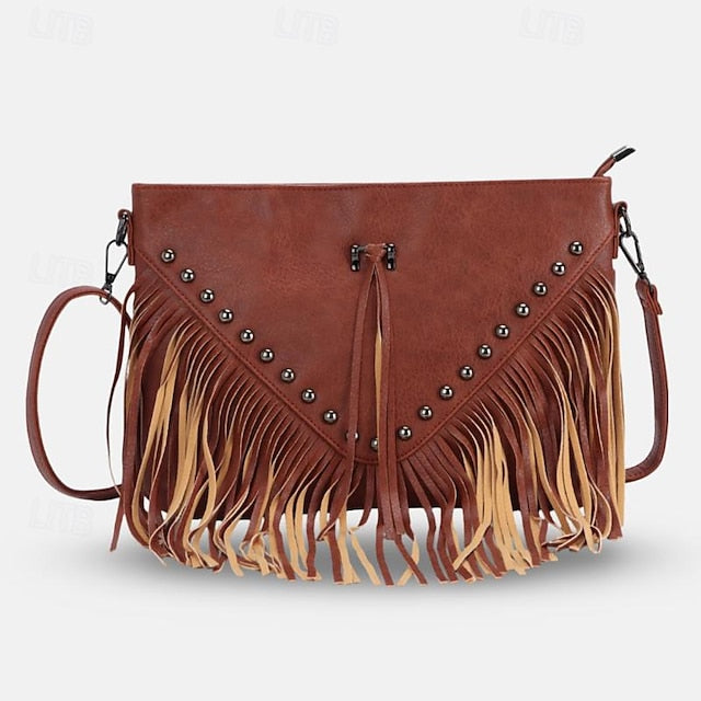 Sac bandoulière bohème en cuir à franges pour femme