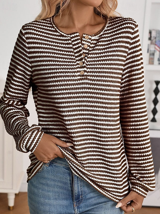 Women's T Shirt Buttons Striped Classic Casual Long Sleeve