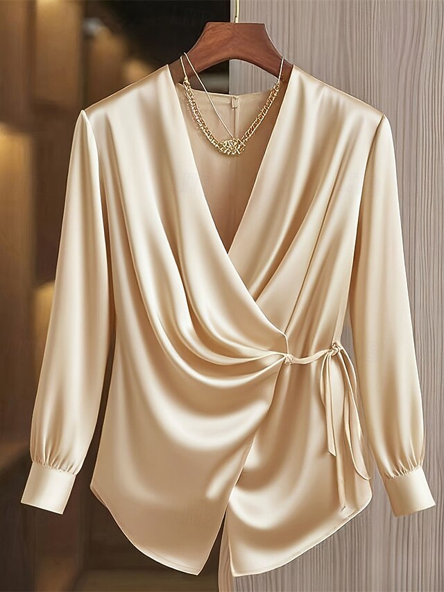 Women's Shirt Elegant Satin Top Blouse Ruched Lace up