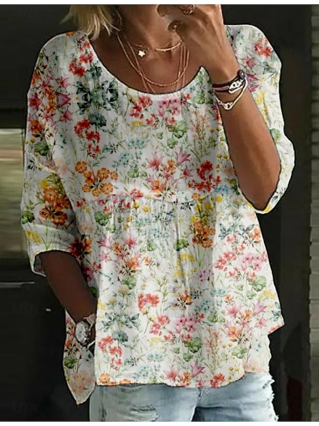 Women's Blouse Print Floral Stylish 3/4 Length Sleeve Crew