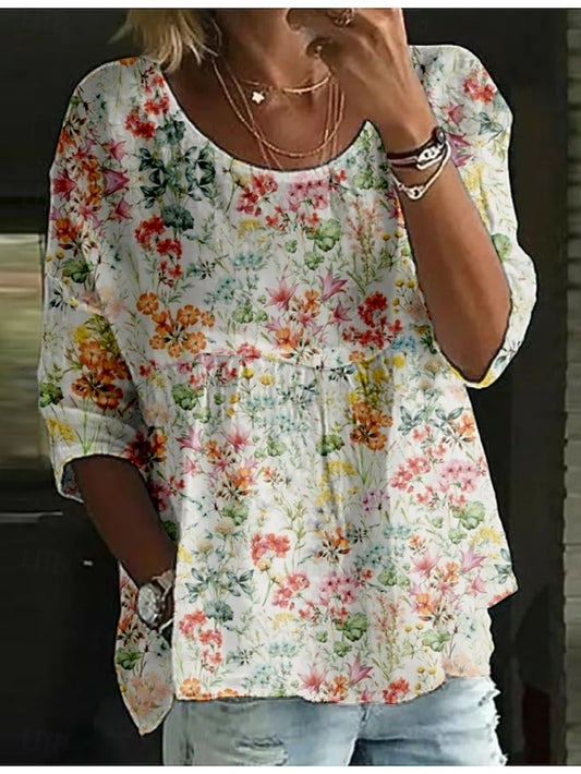 Women's Blouse Print Floral Stylish 3/4 Length Sleeve Crew