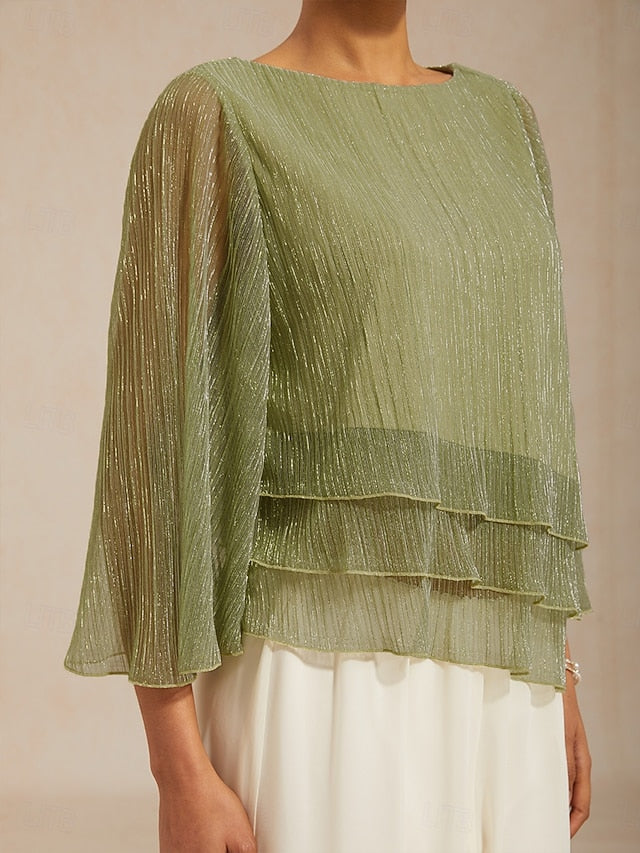 Women's Blouse Chiffon Tops Pleated Layered Metallic