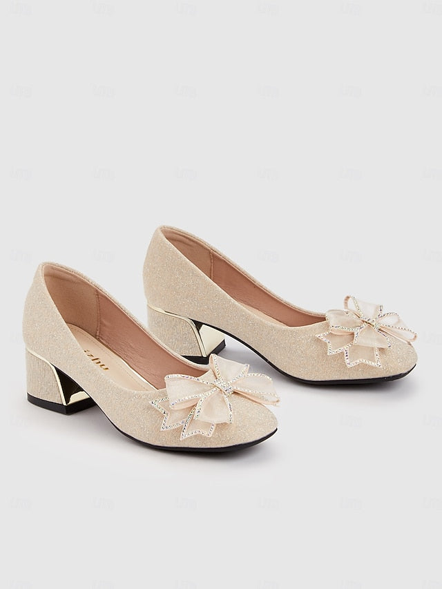Gold Pumps Glitter - Heel Decoration Bow Women's Block with