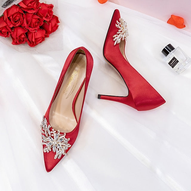 – Rhinestone Satin Heels Elegant High Women's Pink
