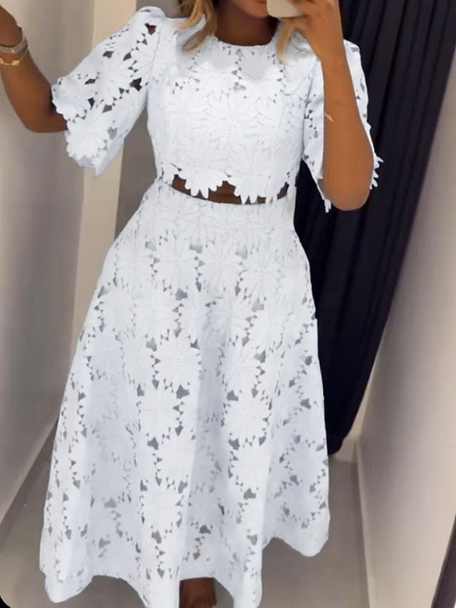 Women's Skirt Sets Short Sleeve Round Neck Plain Hole