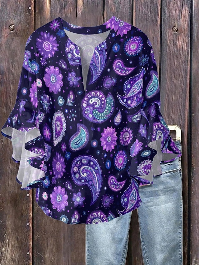 Women's Blouse Ruffle Print Paisley Ethnic Retro Vintage