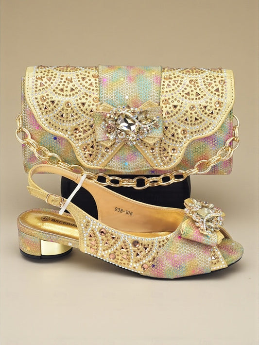 and Women's Matching Heels Clutch Slingback Gold Rhinestone