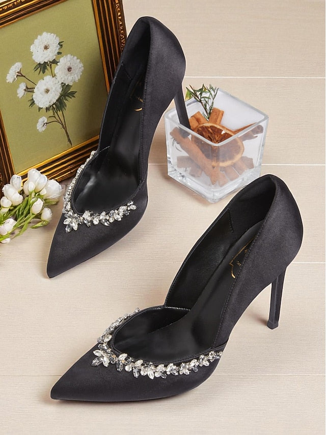 Toe Pointed Satin Heels with Crystal Women's Embellishment