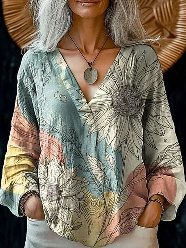 Women's Blouse Print Floral Ethnic Retro Vintage Long