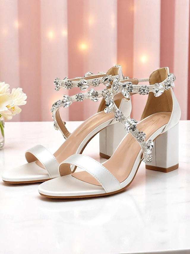 Heel Pink Straps with Crystal Women's Sandals Block Satin
