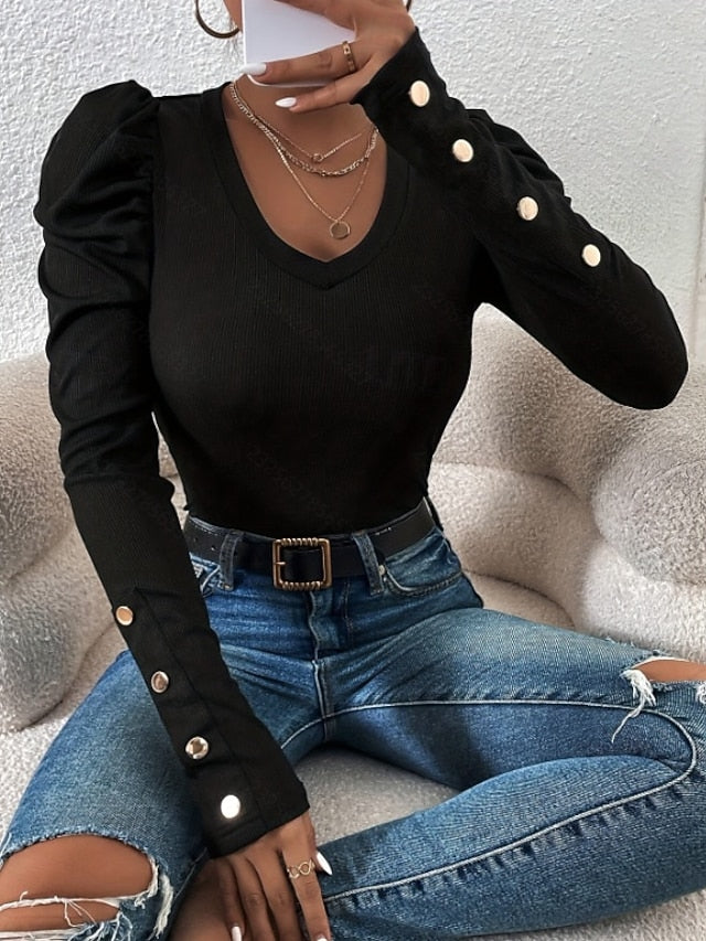 Women's Ribbed Knit Tops Patchwork Buttons Solid Color
