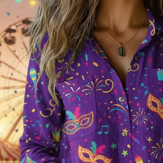 Carnival Mardi Gras Women's Shirt Boho Shirt Buttons Print