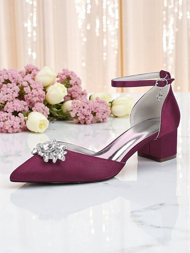 Heel Block Women's Shoes Burgundy with Satin Wedding