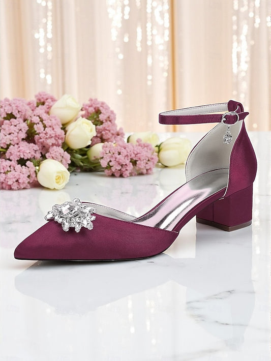 Heel Block Women's Shoes Burgundy with Satin Wedding
