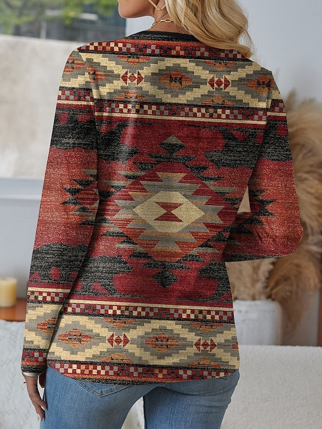 Women's T shirt Long Sleeve Graphic Geometric Vintage