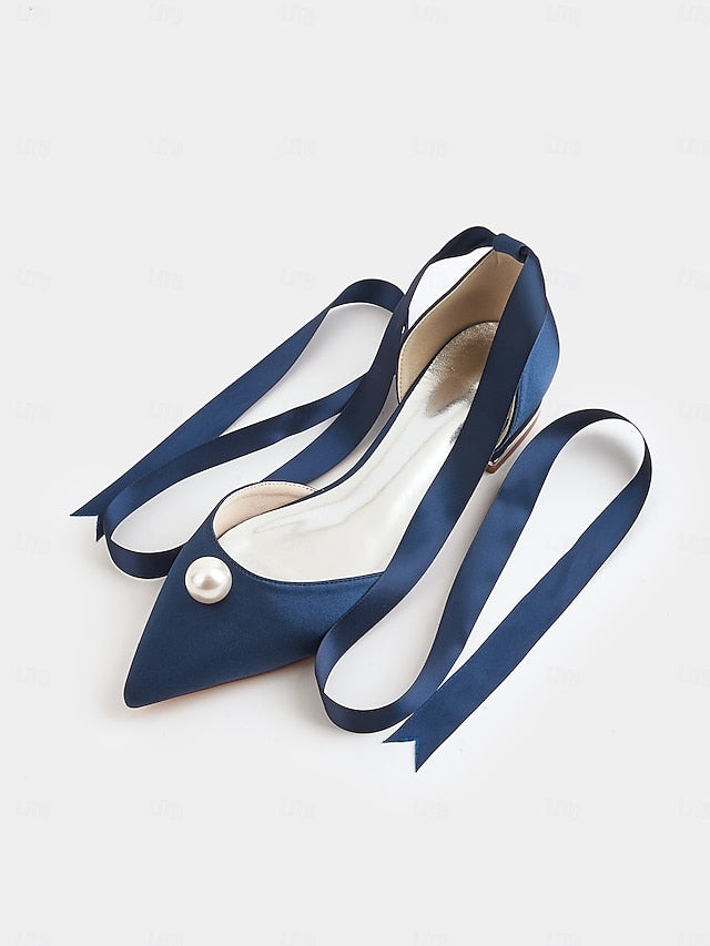Pointed Toe Embellished Navy - Women's Pearl Satin Flats