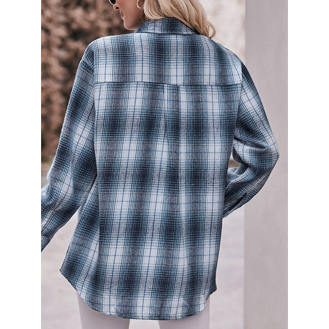 Women's Shirt Pocket Buttons Print Plaid Vintage Tropical