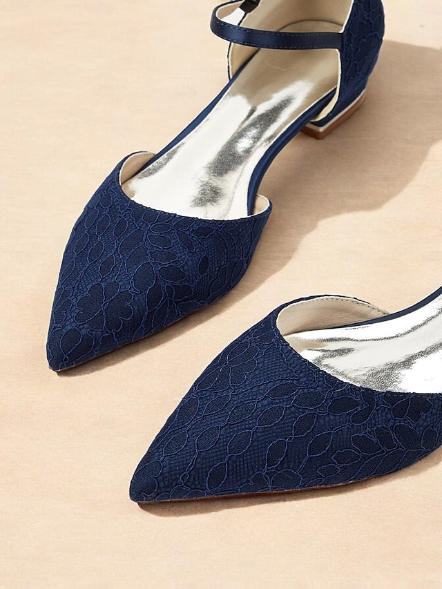 Pointed Women's Blue and with Strap Flats Lace Ankle Navy