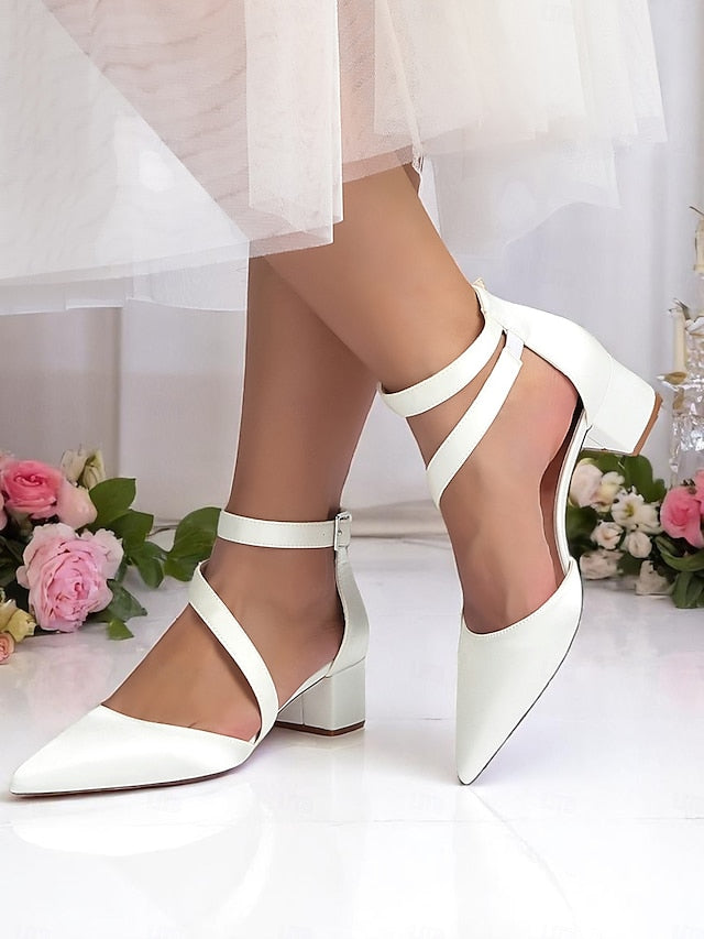 Satin Champagne - Block Toe Women's Heels Pointed
