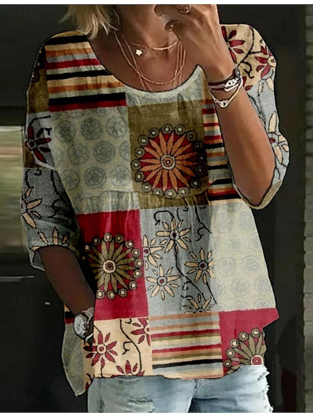 Women's Blouse Print Geometric Color Block Ethnic Retro