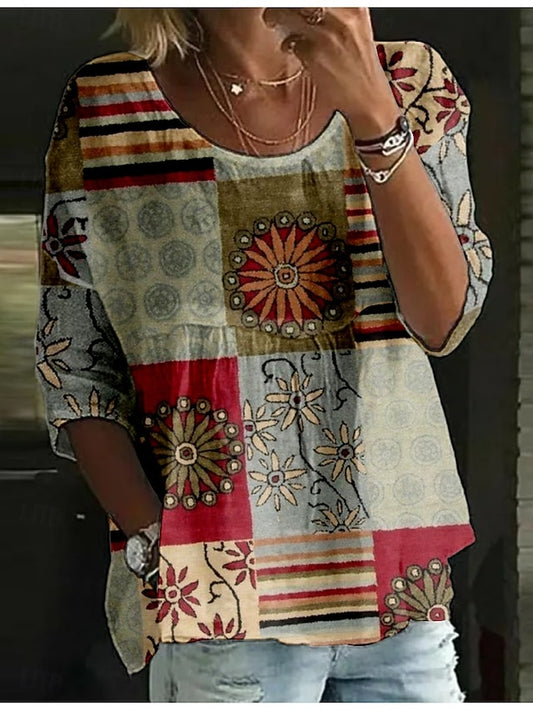 Women's Blouse Print Geometric Color Block Ethnic Retro