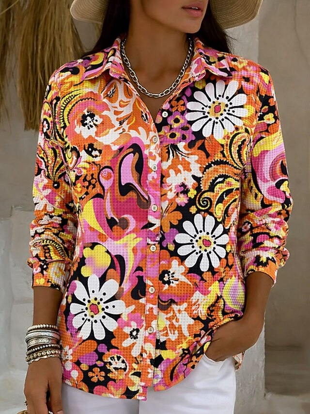 Women's Shirt Buttons Print Graphic Abstract Vintage