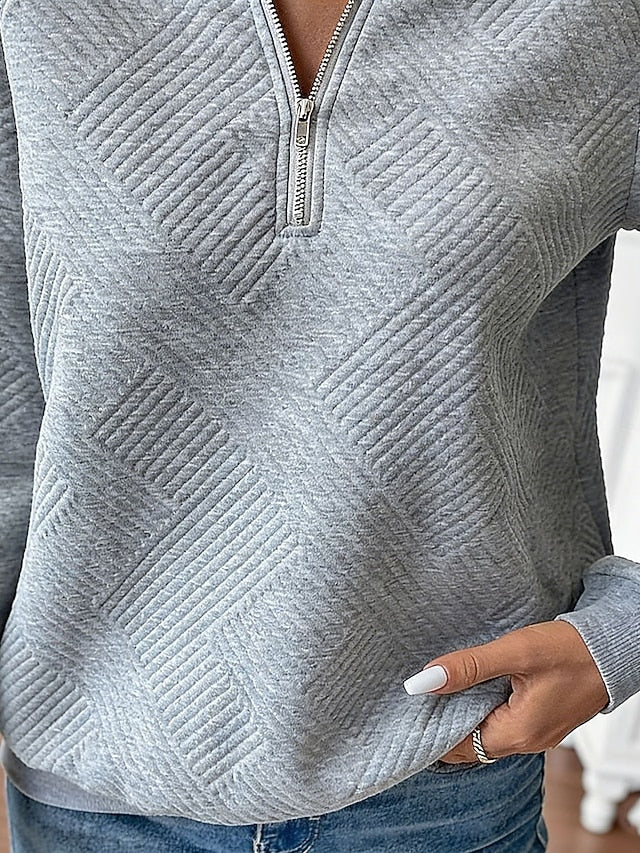 Women's Texture Sweatshirt Quarter Zip Sweater Casual Plain
