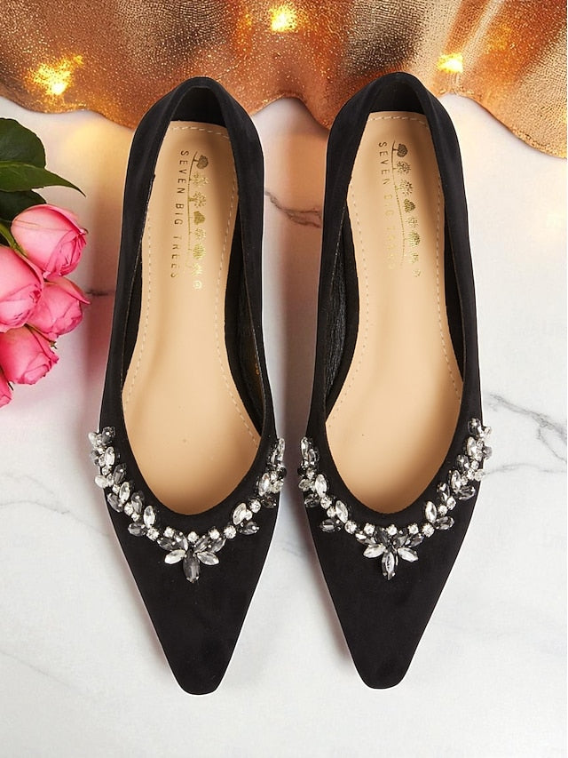 Women's Black Toe Rhinestone Suede Flats with Pointed