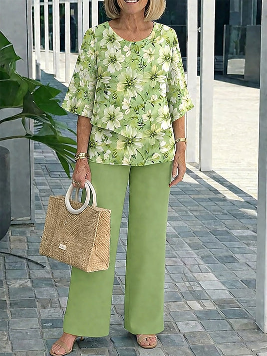 Women's Pants Sets 3/4 Length Sleeve Round Neck Floral