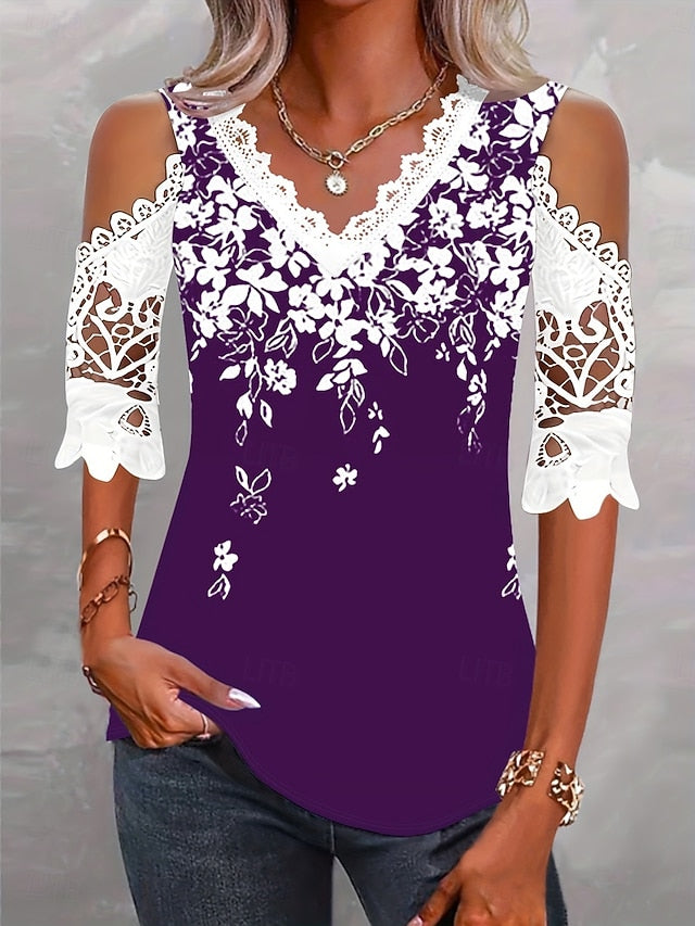 Women's Lace Splicing Top Blouse Lace Print Floral Stylish