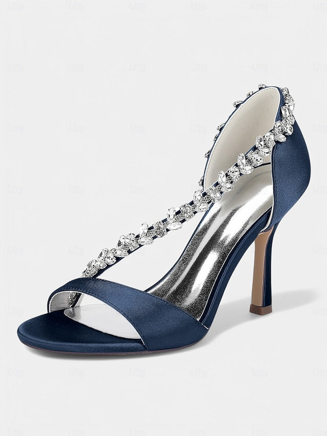 – Satin Champagne Crystal High Women's Heels T-Strap with