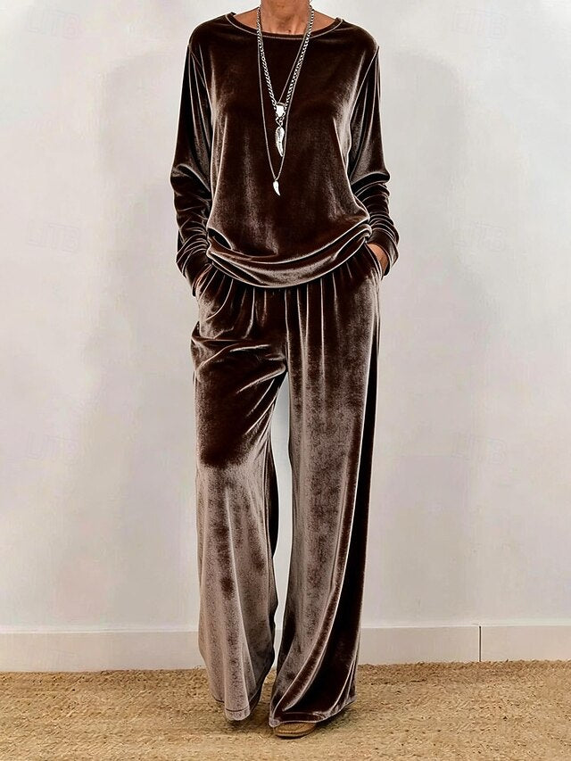 Women's Pants Sets Long Sleeve Round Neck Solid Color
