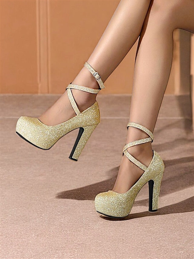Women's Platform Strap Pink Glitter – with Ankle Heels