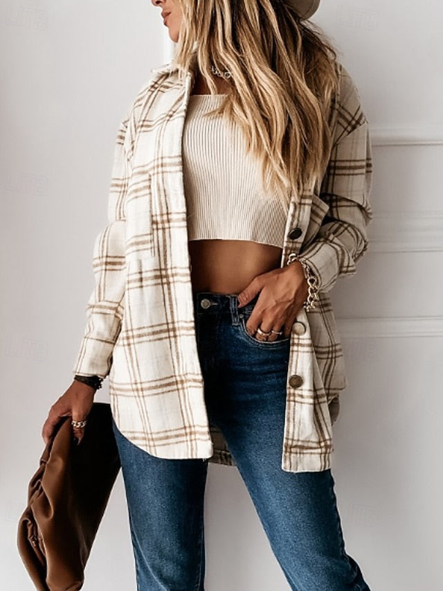 Women's Shirt Blouse Pocket Buttons Plaid Stylish Long
