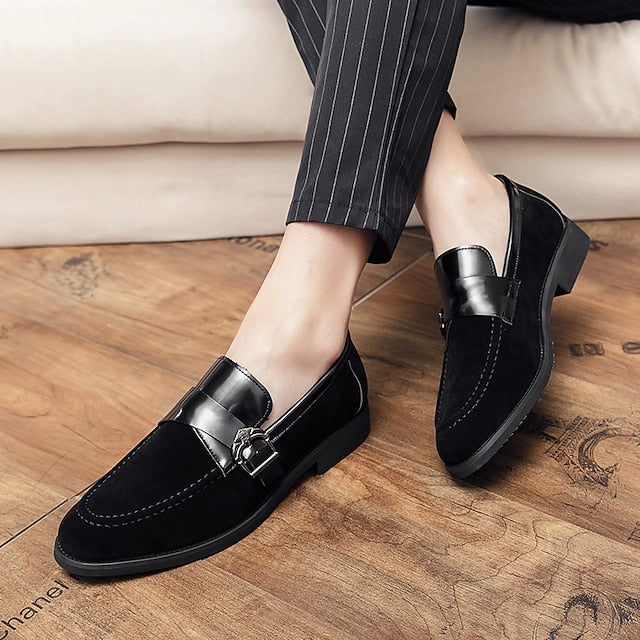 with Strap Metal Loafers Men's Patent Suede Leather and