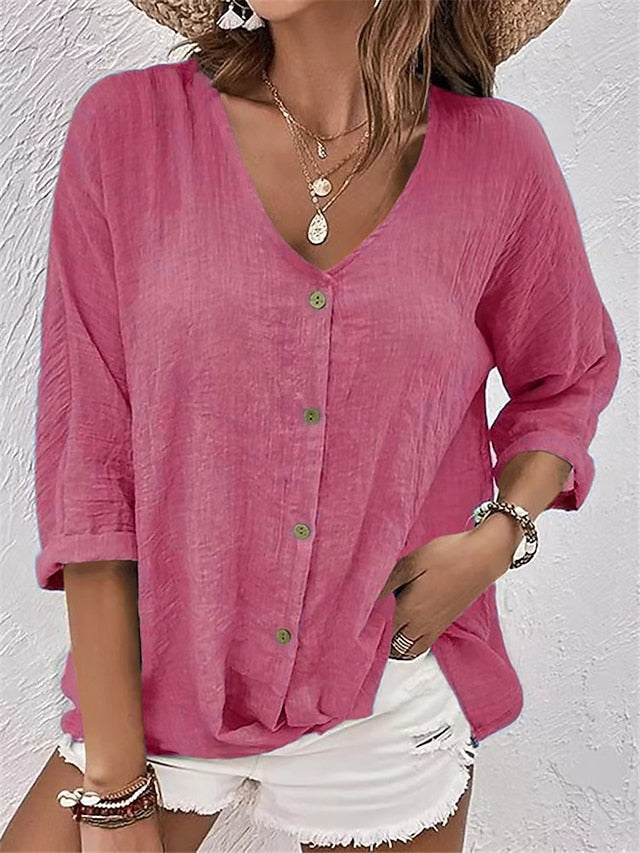 Women's Shirt Blouse Ruched Buttons Plain Elegant Vacation