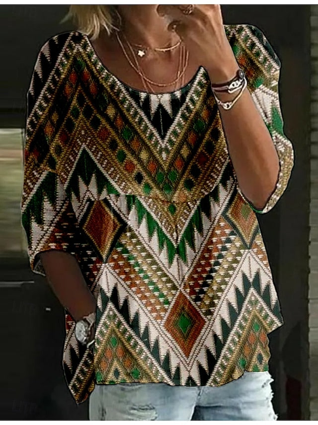 Women's Blouse Print Geometric Color Block Ethnic Retro