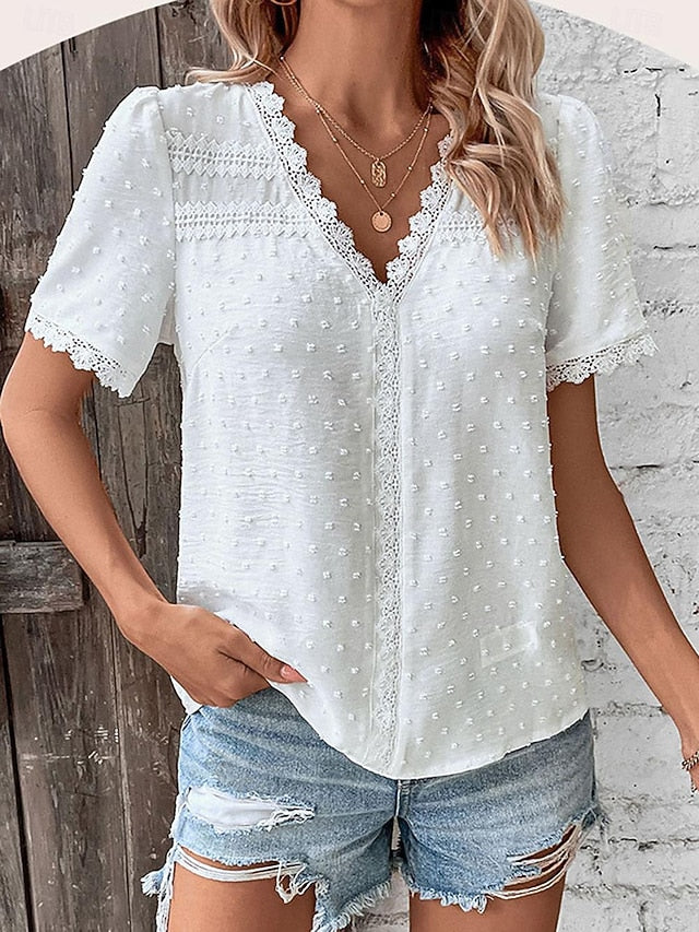 Women's Shirt Blouse Casual Lace Short Sleeve Regular Tops