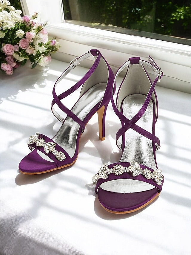 Stiletto Women's Purple Rhinestone Satin Heels Straps with