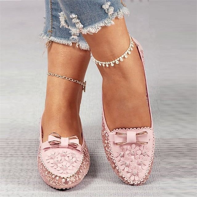 with Floral Women's Bow Flats Pink Details and Lace -