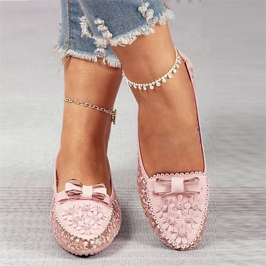 with Floral Women's Bow Flats Pink Details and Lace -