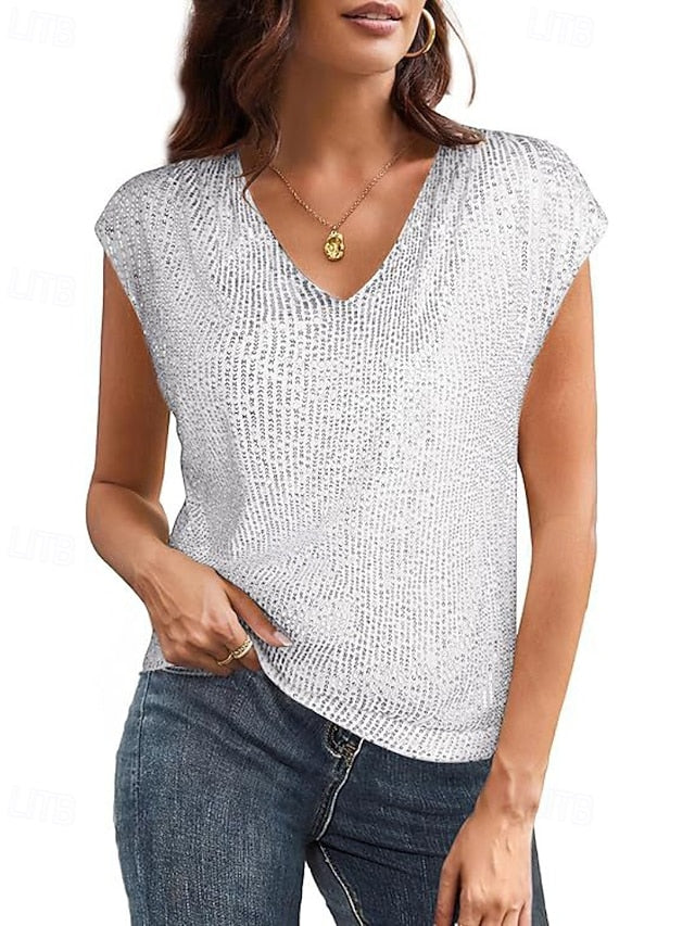 Women's T Shirt Tee Top Sequins Striped Fashion Short