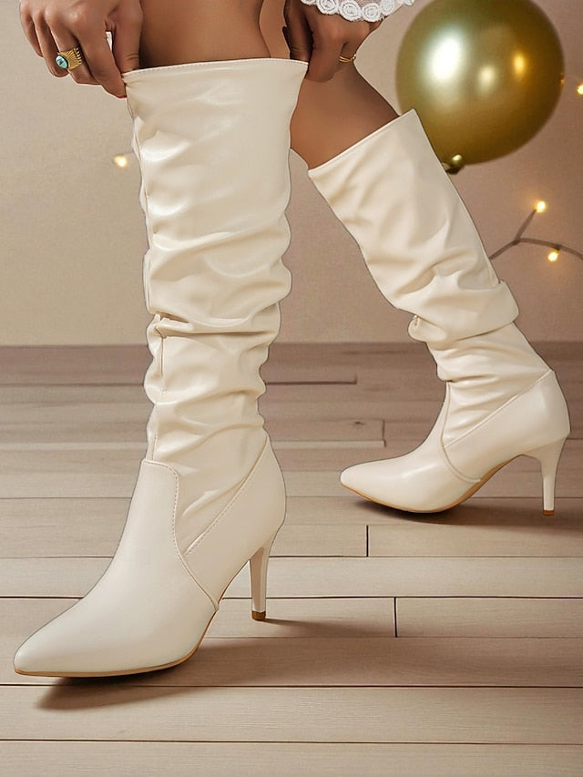 - High Brown Faux Leather Boots Pointed Knee Toe Women's