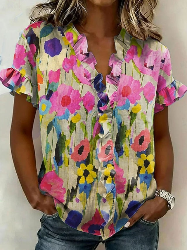 Women's Shirt Tunic Ruffle Floral Graphic Elegant Vintage