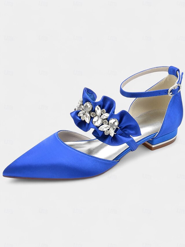 with Satin Pointed-Toe Flats Black Rhinestone Women's