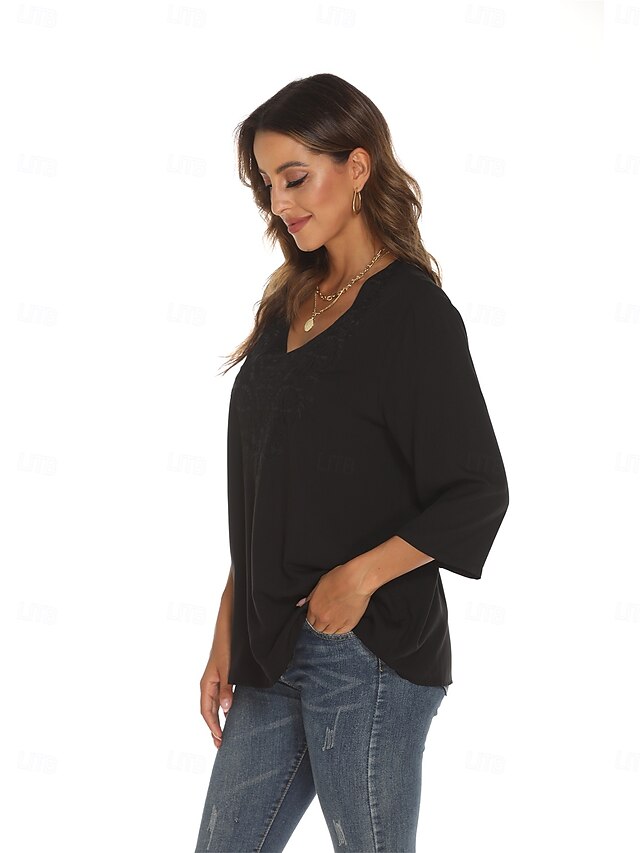 Women's Boho Shirt Embroidered Floral Bohemia Casual 3/4