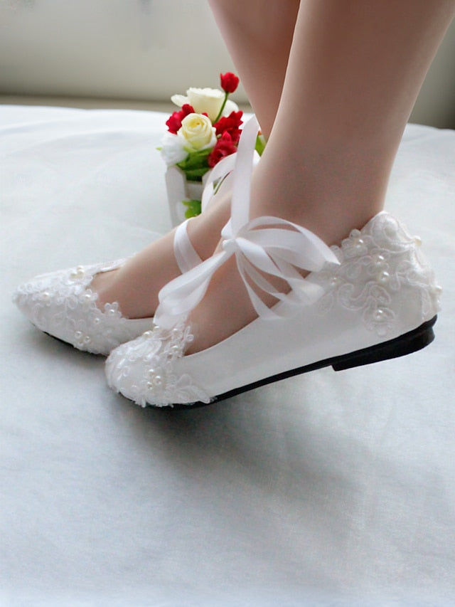 Lace with Wedding Ties Bridal White - Shoes Flats Elegant Ribbon